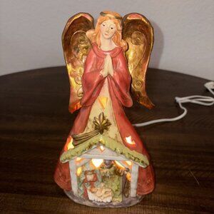 Folk Art Light Up Angel w/Nativity Scene (Joseph, Mary & Baby Jesus) Manger 10”